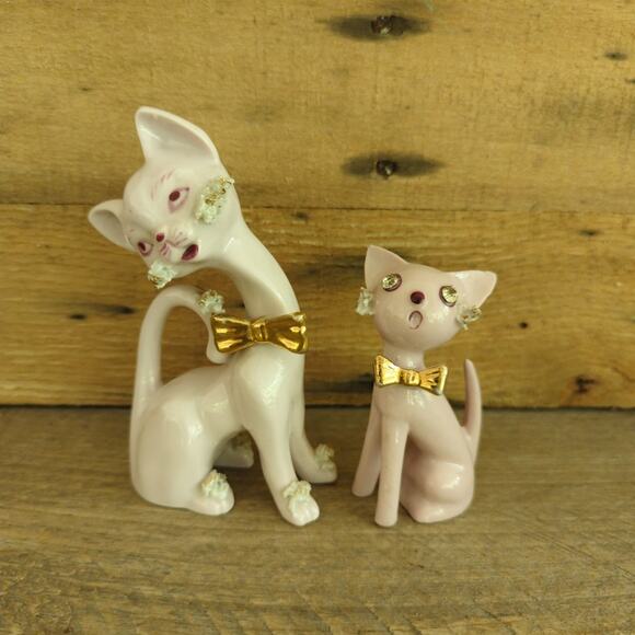 Vintage 1950s Thames Ceramic Spaghetti Cats Figurines Rhinestone Eyes Gold Bows - Picture 1 of 10